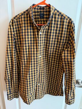 J. Crew Yellow and Navy Gingham Button-Down Shirt Slim Flex Washed Size XL